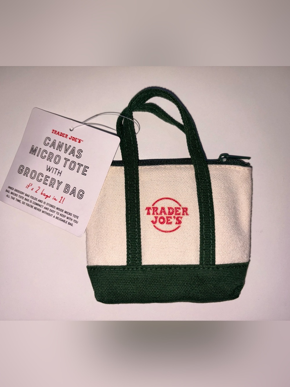 Trader Joe's Canvas Micro Tote with grocery bag - Green. NWT